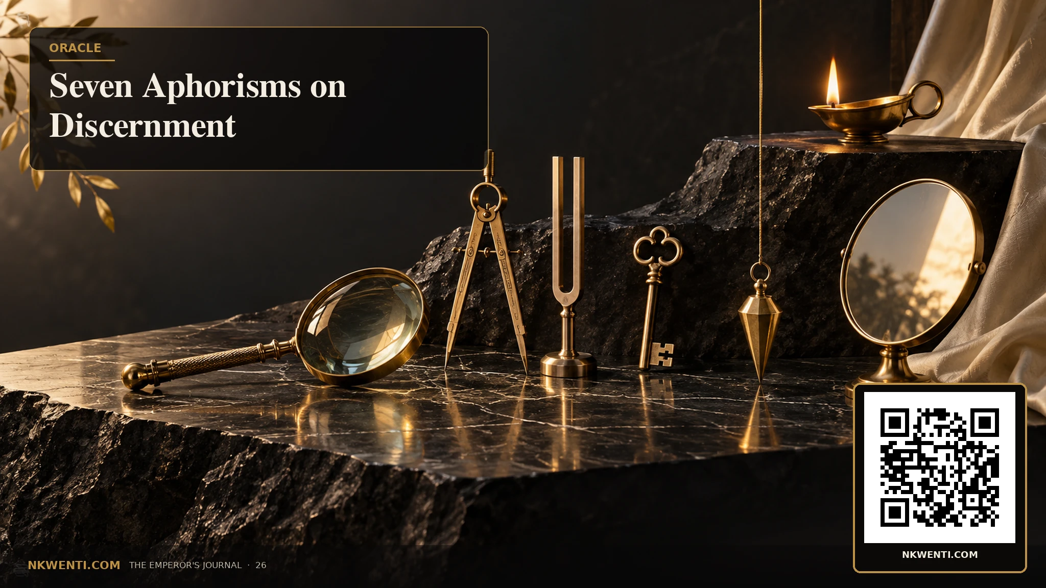 Seven distinct gold instruments arranged on black stone, each catching light differently as symbols of discernment.