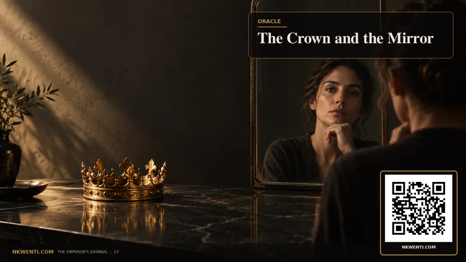 A crown rests on a table before an unadorned mirror reflecting an ordinary human face.