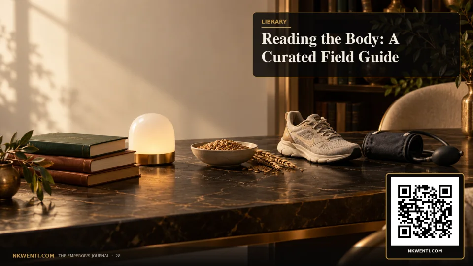 An elegant library table where books, a sleep lamp, grain, a walking shoe, and a clinical cuff form one connected study path.