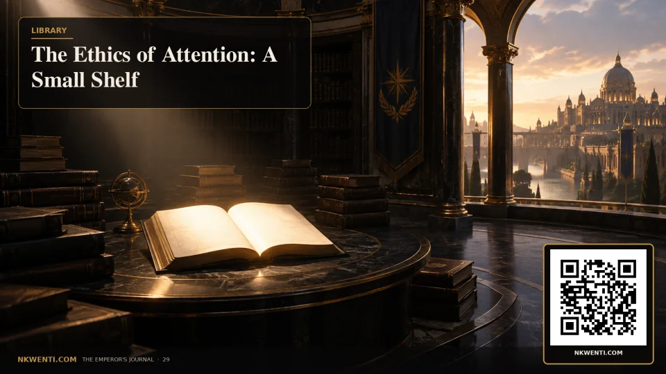 A small circular reading room where a beam of light selects one open book while many others remain respectfully in shadow.